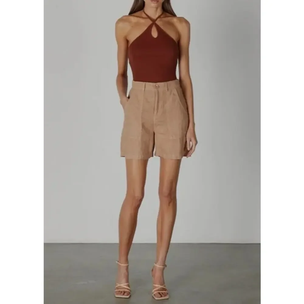 $195 Enza Costa Linen High Waisted Shorts - Italian Clay - 0